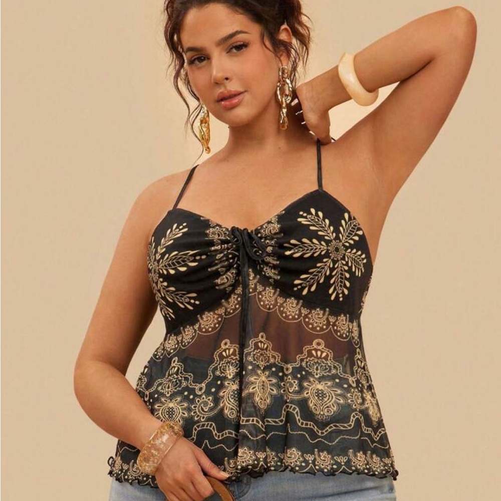 Black And Gold Patterned Spaghetti Strap Top - image 2